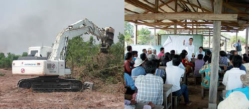 （左）正在柬埔寨执行排雷任务的排雷机、（右）农业培训说明会